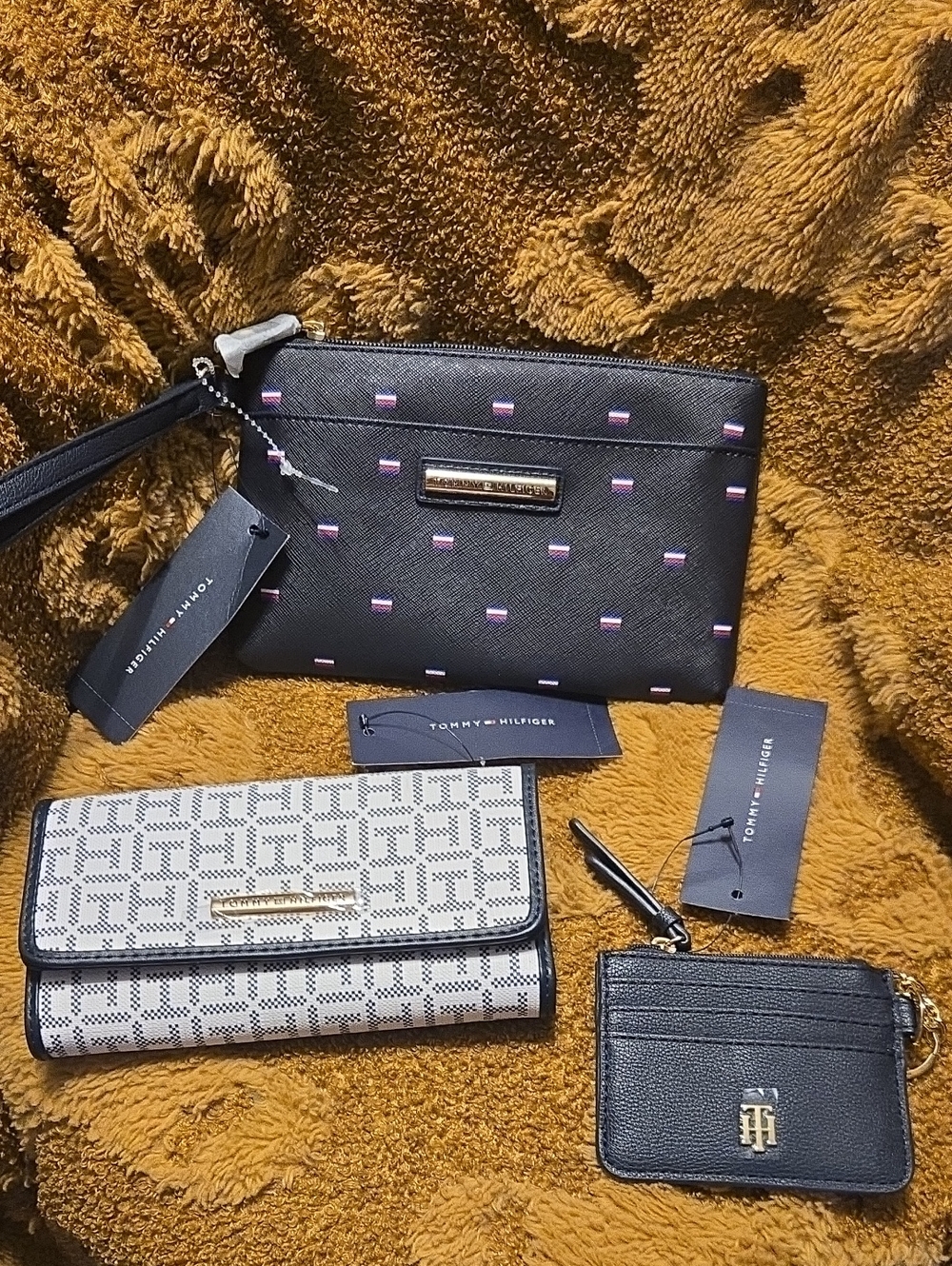BUNDLE " Tommy Hilfiger Black, White & Pink Wristlet, Wallet and Card Case Set
